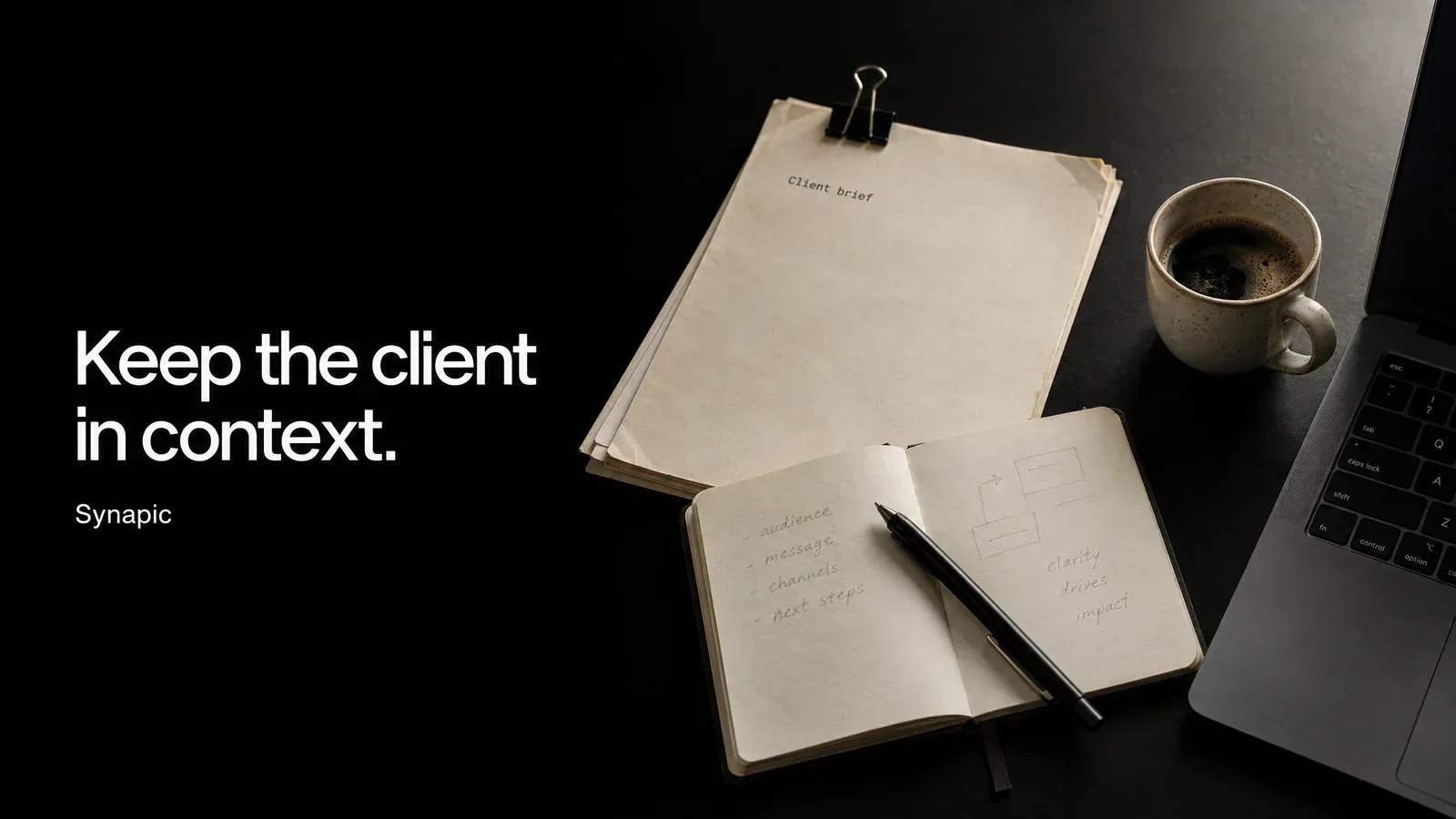 Client brief, working notes and a laptop brought together on one desk.